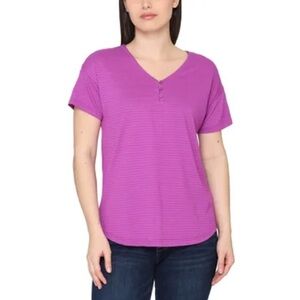 Talbots 3 Button V Neck Top in Purple Womens Large Short Sleeve Textured